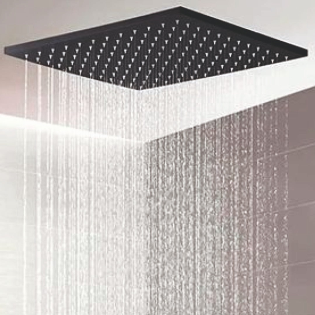 Ceiling-mounted rain shower head with wide rainfall spray for luxury spa-style bathing.
